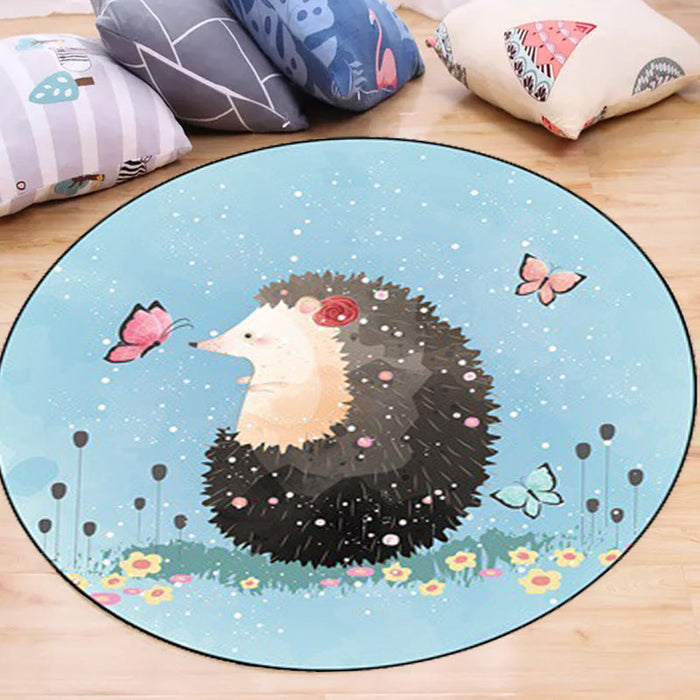 Kids Bedroom Rug in Blue Animal Elephant Rabbit Hedgehog Print Rug Polyester Pet Friendly Area Rug