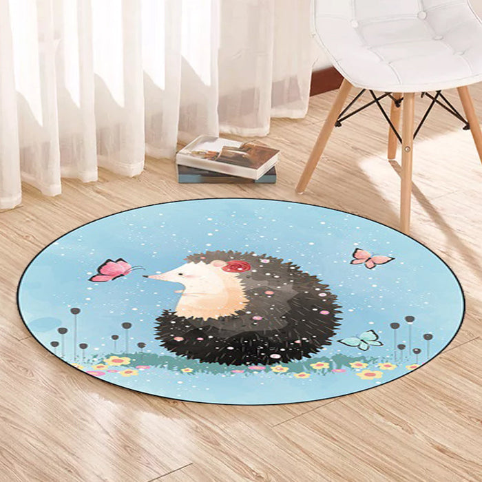 Kids Bedroom Rug in Blue Animal Elephant Rabbit Hedgehog Print Rug Polyester Pet Friendly Area Rug