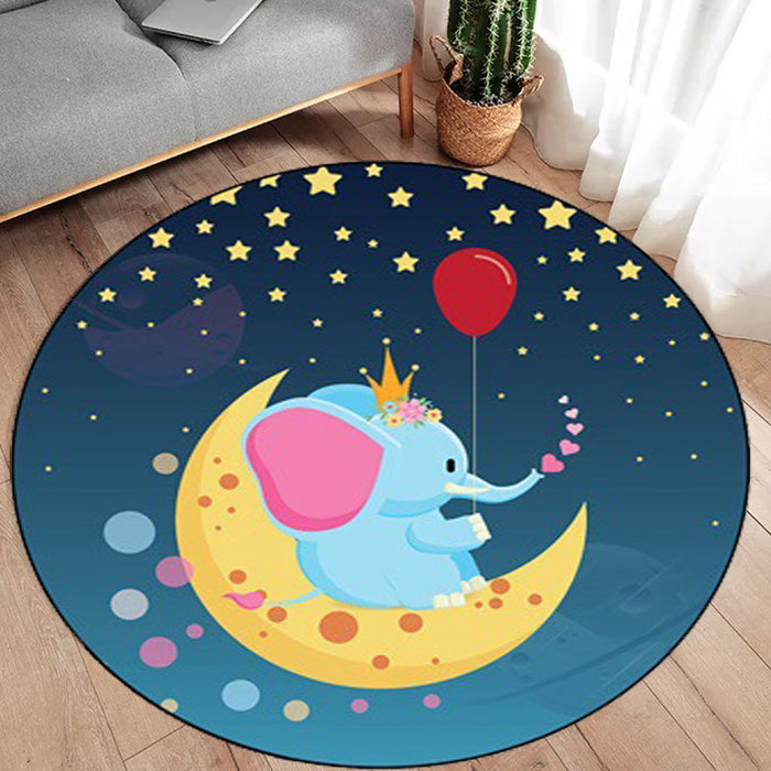 Kids Bedroom Rug in Blue Animal Elephant Rabbit Hedgehog Print Rug Polyester Pet Friendly Area Rug