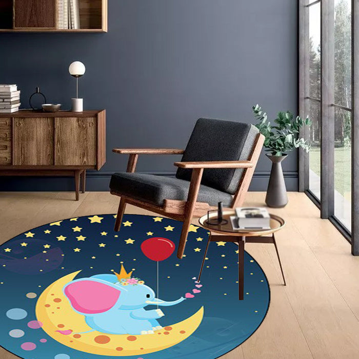 Kids Bedroom Rug in Blue Animal Elephant Rabbit Hedgehog Print Rug Polyester Pet Friendly Area Rug