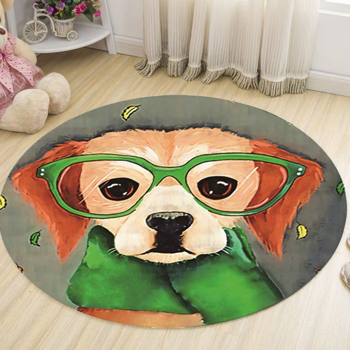 Grey and Green Child's Room Rug Kids Animal Dog Glasses Pattern Area Rug Polyester Anti-Slip Machine Washable Carpet