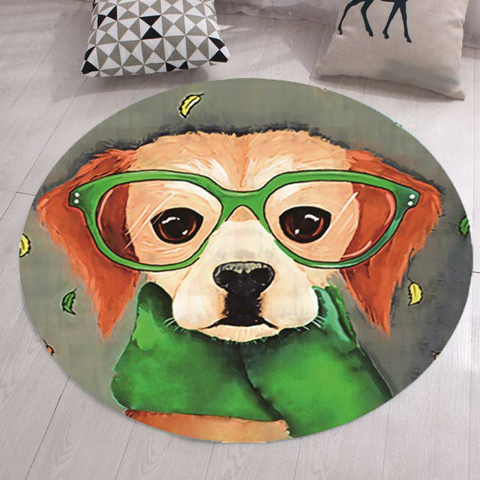 Grey and Green Child's Room Rug Kids Animal Dog Glasses Pattern Area Rug Polyester Anti-Slip Machine Washable Carpet