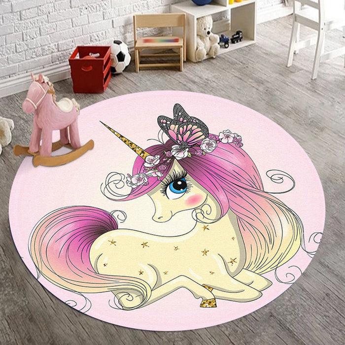 Kids Bedroom Rug in Pink Animal Unicorn Butterfly Floral Print Rug Polyester Anti-Slip Backing Area Rug