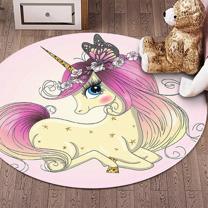 Kids Bedroom Rug in Pink Animal Unicorn Butterfly Floral Print Rug Polyester Anti-Slip Backing Area Rug