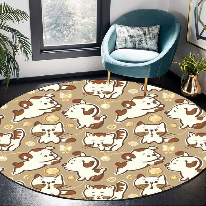 Kids Bedroom Rug in Brown and Pink Animal Dog Cat Print Rug Polyester Non-Slip Backing Area Rug