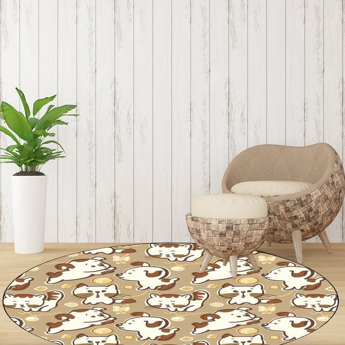 Kids Bedroom Rug in Brown and Pink Animal Dog Cat Print Rug Polyester Non-Slip Backing Area Rug