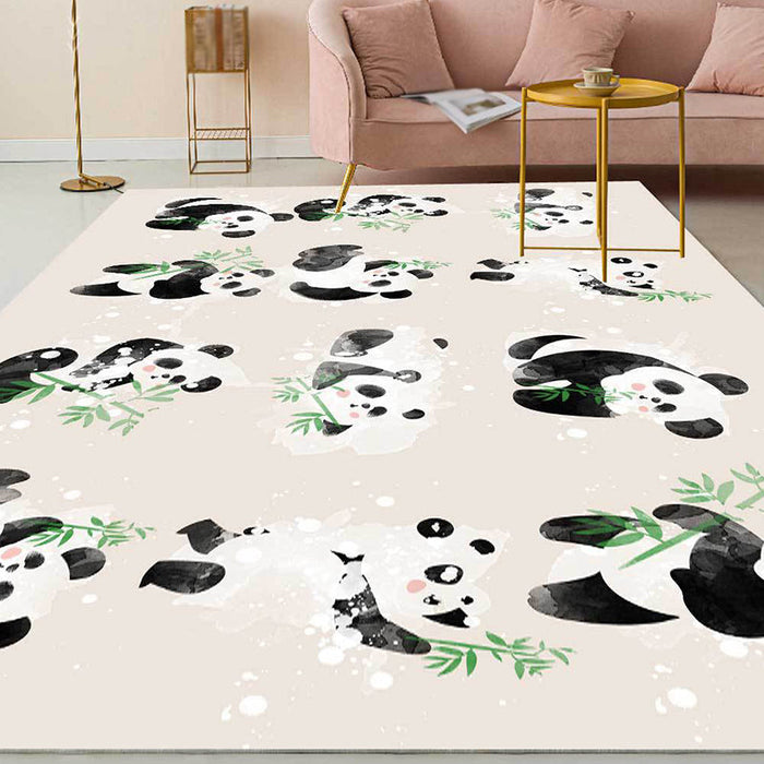 Ivory Child's Room Rug Kids Animal Panda Bird Pattern Area Rug Polyester Anti-Slip Machine Washable Carpet