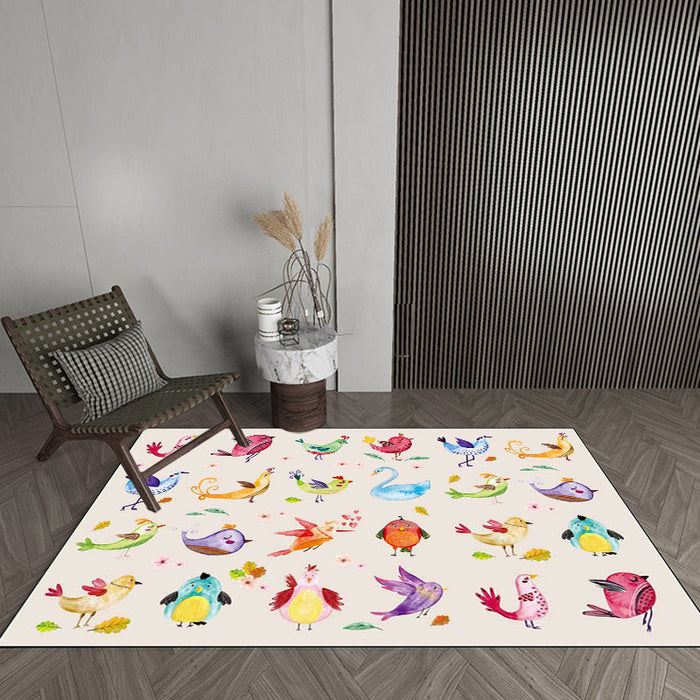 Ivory Child's Room Rug Kids Animal Panda Bird Pattern Area Rug Polyester Anti-Slip Machine Washable Carpet