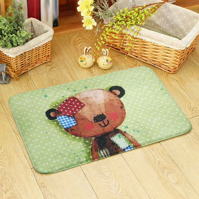 Blue and Green Nursery Rug Kids Animal Bear Rabbit Bee Pattern Area Rug Polyester Machine Washable Carpet