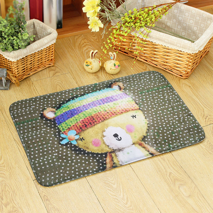 Blue and Green Nursery Rug Kids Animal Bear Rabbit Bee Pattern Area Rug Polyester Machine Washable Carpet