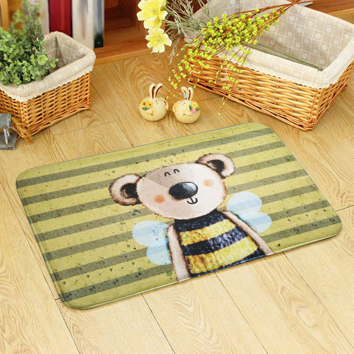 Blue and Green Nursery Rug Kids Animal Bear Rabbit Bee Pattern Area Rug Polyester Machine Washable Carpet