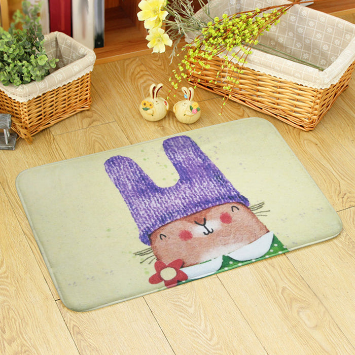 Blue and Green Nursery Rug Kids Animal Bear Rabbit Bee Pattern Area Rug Polyester Machine Washable Carpet