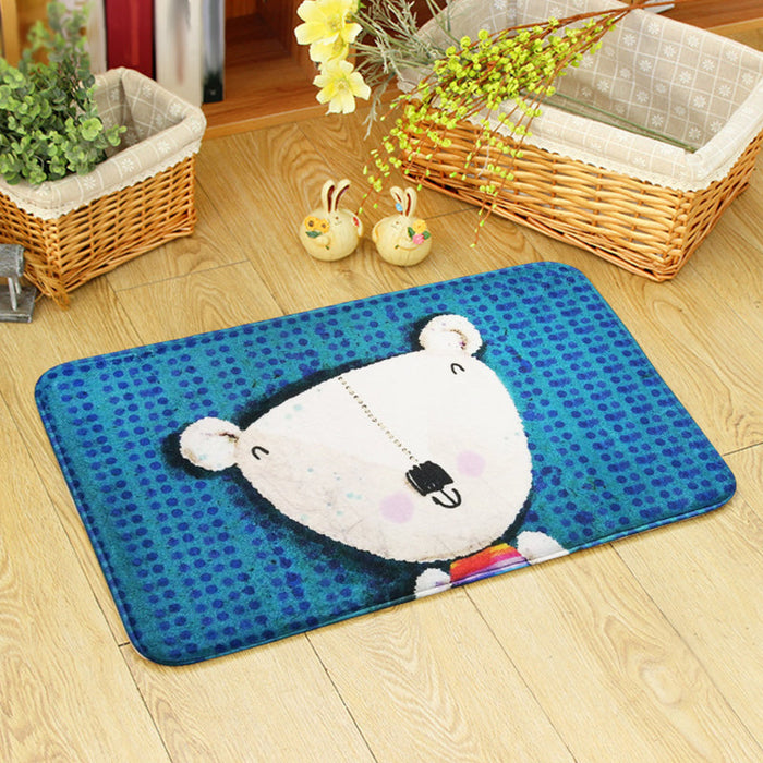 Blue and Green Nursery Rug Kids Animal Bear Rabbit Bee Pattern Area Rug Polyester Machine Washable Carpet