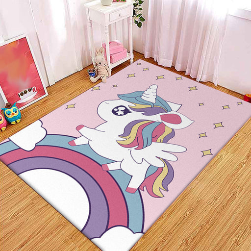 Pink Child's Room Rug Kids Animal Unicorn Rainbow Pattern Area Rug Polyester Non-Slip Backing Carpet