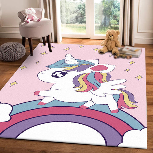 Pink Child's Room Rug Kids Animal Unicorn Rainbow Pattern Area Rug Polyester Non-Slip Backing Carpet