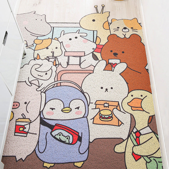 Kids Irregular Nursery Rug in Yellow and Grey Animal Cat Rabbit Penguin Print Rug Polyester Non-Slip Area Rug