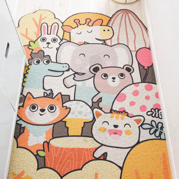 Kids Irregular Nursery Rug in Yellow and Grey Animal Cat Rabbit Penguin Print Rug Polyester Non-Slip Area Rug