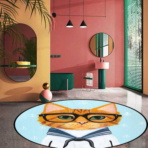 Kids Bedroom Rug in Green and Blue Animal Cat Glasses Print Rug Polyester Pet Friendly Area Rug