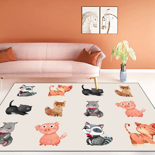 Kids Bedroom Rug in Ivory Animal Dog Cat Pig Print Rug Polyester Non-Slip Backing Area Rug