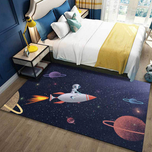 Kids Bedroom Rug in Blue Outer Space Galaxy Rocket Astronaut Print Rug Polyester Non-Slip Backing Area Rug