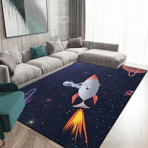 Kids Bedroom Rug in Blue Outer Space Galaxy Rocket Astronaut Print Rug Polyester Non-Slip Backing Area Rug