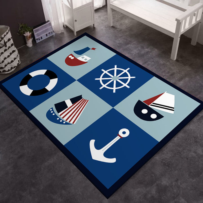 Kids Bedroom Rug in Blue Cars & Roads Ship Anchor Rudder Print Rug Polyester Machine Washable Area Rug