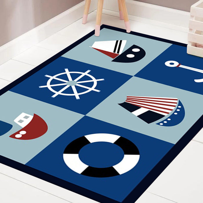 Kids Bedroom Rug in Blue Cars & Roads Ship Anchor Rudder Print Rug Polyester Machine Washable Area Rug