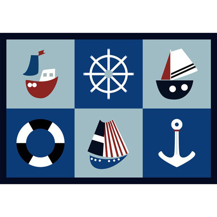 Kids Bedroom Rug in Blue Cars & Roads Ship Anchor Rudder Print Rug Polyester Machine Washable Area Rug