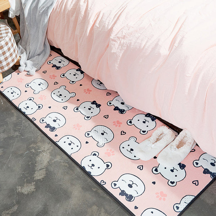 Kids Nursery Rug in White and Pink Animal Bear Rabbit Swan Print Rug Polyester Stain-Resistant Area Rug