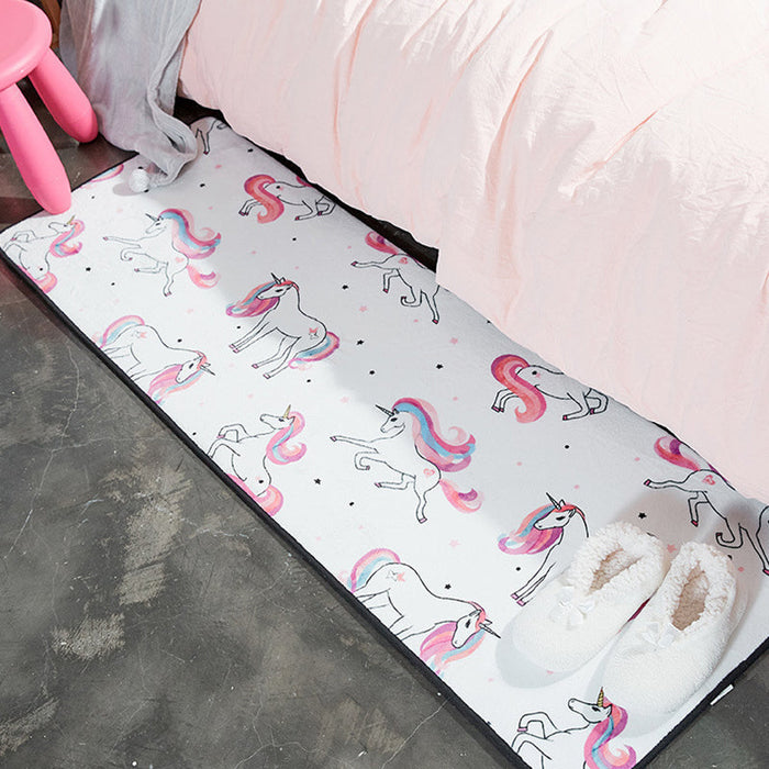 Kids Nursery Rug in White and Pink Animal Bear Rabbit Swan Print Rug Polyester Stain-Resistant Area Rug