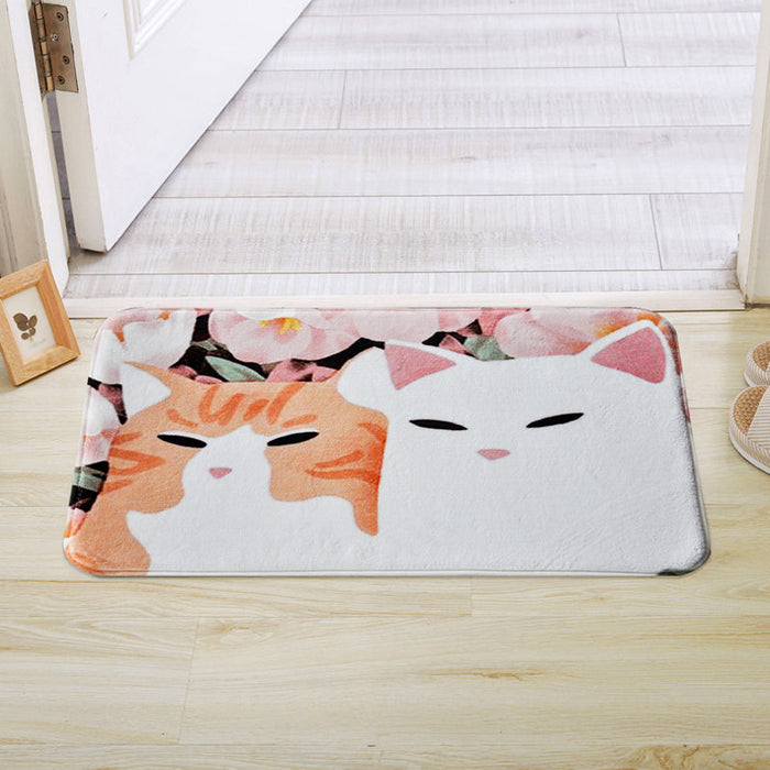 Kids Child's Room Rug in Pink and Yellow Animal Cats Flower Print Rug Polyester Non-Slip Backing Area Rug