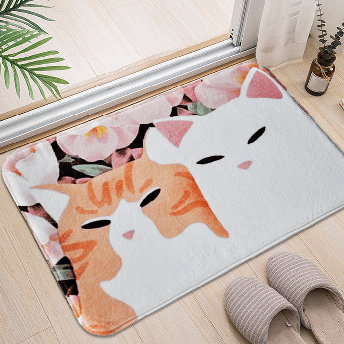 Kids Child's Room Rug in Pink and Yellow Animal Cats Flower Print Rug Polyester Non-Slip Backing Area Rug