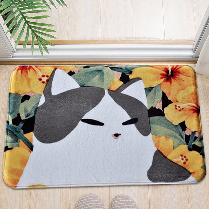 Kids Child's Room Rug in Pink and Yellow Animal Cats Flower Print Rug Polyester Non-Slip Backing Area Rug