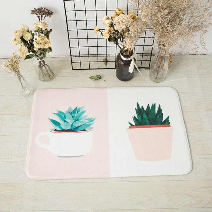 Green and Pink Nursery Rug Kids Botanical Leaf Potted Plants Pattern Area Rug Polyester Pet Friendly Carpet