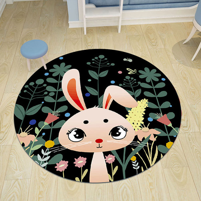 Black and Pink Nursery Rug Kids Animal Lion Rabbit Flamingo Pattern Area Rug Polyester Stain-Resistant Carpet