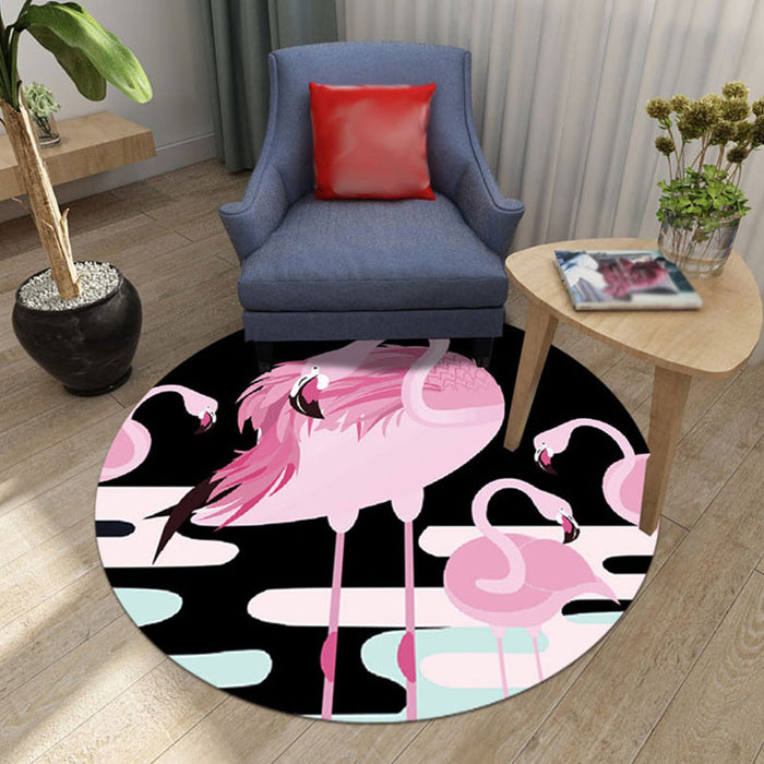 Black and Pink Nursery Rug Kids Animal Lion Rabbit Flamingo Pattern Area Rug Polyester Stain-Resistant Carpet