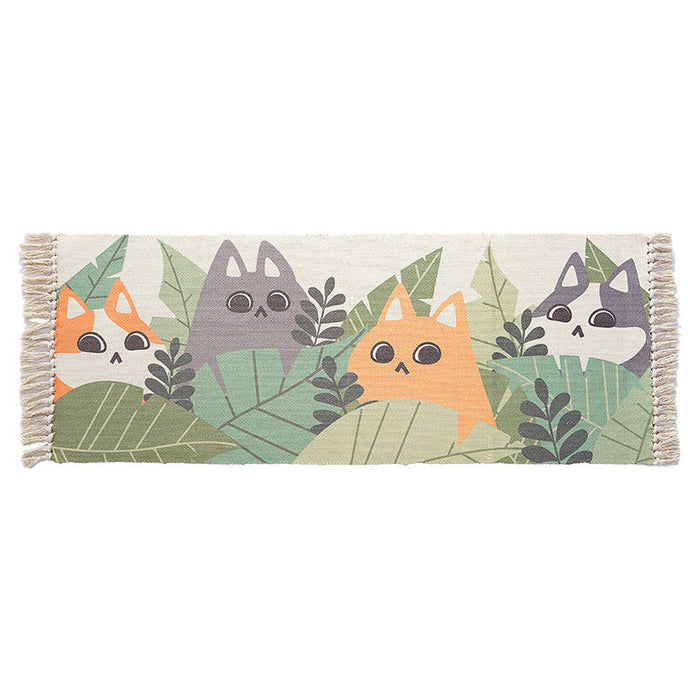 Green and Ivory Nursery Rug Kids Animal Cat Fish Pattern Area Rug Cotton Pet Friendly Carpet with Fringe