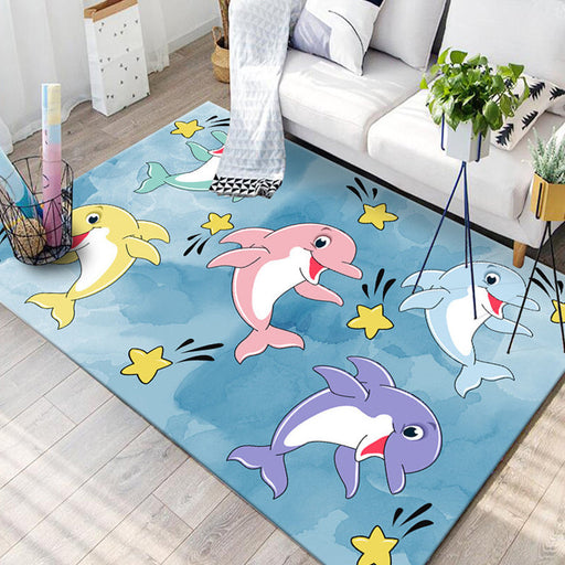 Kids Child's Room Rug in Blue and Pink Animal Cat Rabbit Dolphin Print Rug Polyester Pet Friendly Area Rug