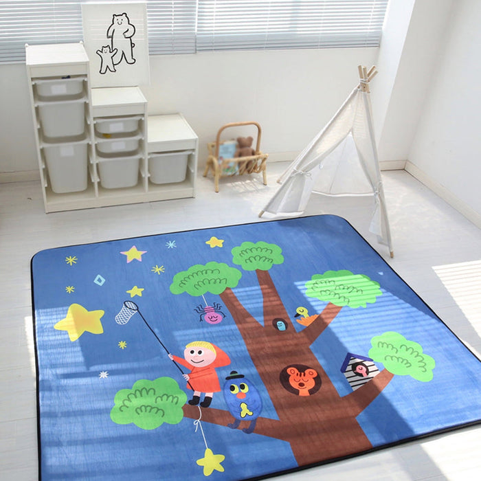 Kids Child's Room Rug in Blue and Yellow Fairy Tales Castle Balloon Fireworks Print Rug Woolen Pet Friendly Area Rug