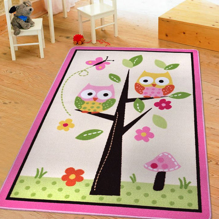 Kids Child's Room Rug in Pink and Green Animal Owl Floral Tree Print Rug Polyester Stain-Resistant Area Rug