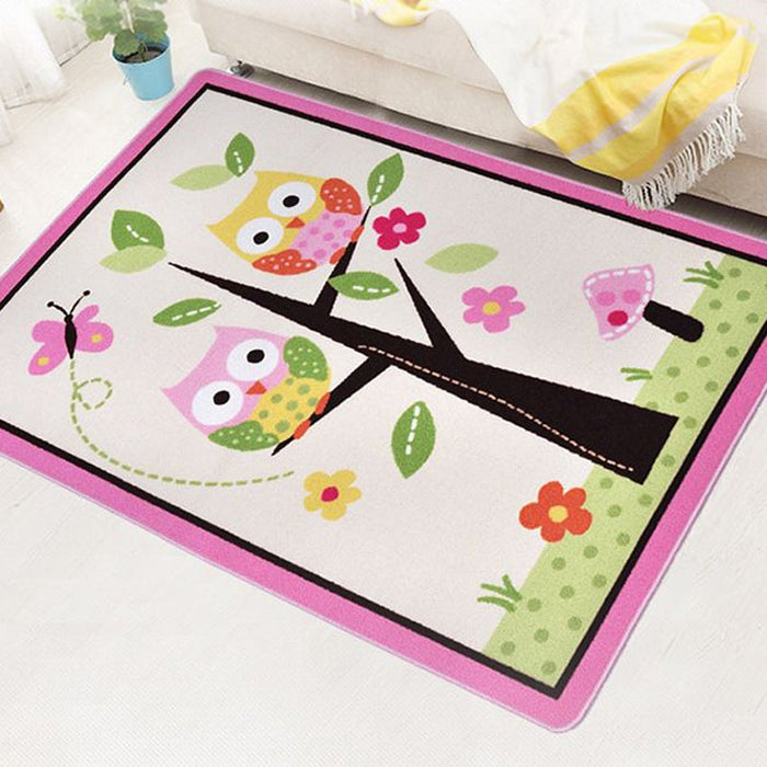 Kids Child's Room Rug in Pink and Green Animal Owl Floral Tree Print Rug Polyester Stain-Resistant Area Rug