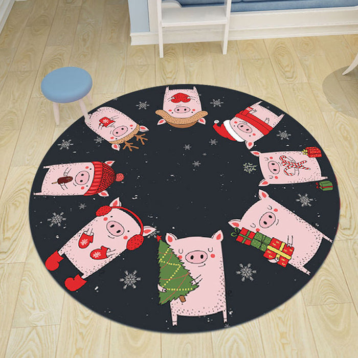 Kids Bedroom Rug in Black and Blue Animal Pig Rabbit Jellyfish Print Rug Polyester Stain-Resistant Area Rug