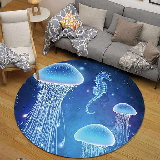 Kids Bedroom Rug in Black and Blue Animal Pig Rabbit Jellyfish Print Rug Polyester Stain-Resistant Area Rug