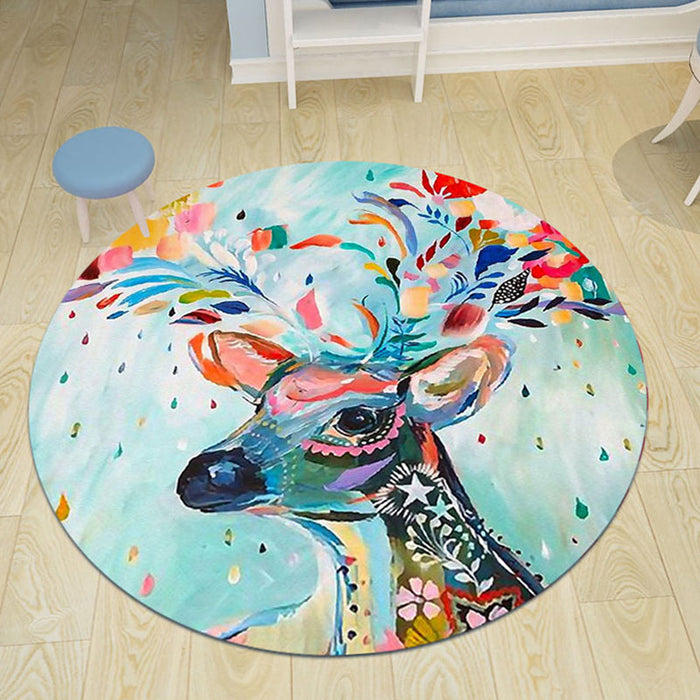 Kids Bedroom Rug in Black and Blue Animal Pig Rabbit Jellyfish Print Rug Polyester Stain-Resistant Area Rug