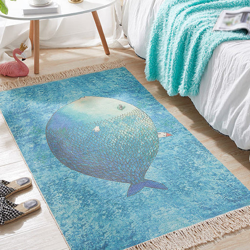 Blue Nursery Rug Kids Animal Fish Pattern Area Rug Cotton and Linen Washable Carpet with Fringe