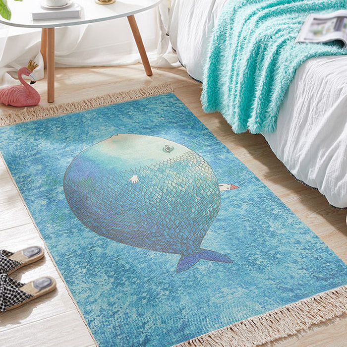 Blue Nursery Rug Kids Animal Fish Pattern Area Rug Cotton and Linen Washable Carpet with Fringe