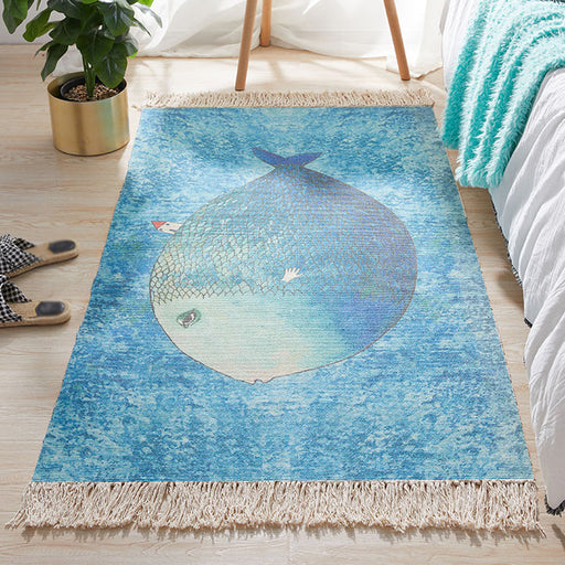 Blue Nursery Rug Kids Animal Fish Pattern Area Rug Cotton and Linen Washable Carpet with Fringe