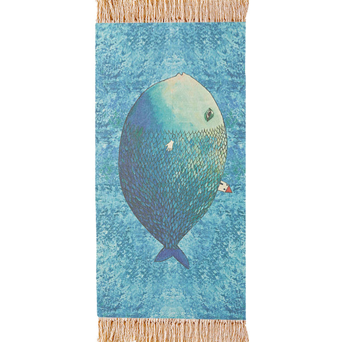 Blue Nursery Rug Kids Animal Fish Pattern Area Rug Cotton and Linen Washable Carpet with Fringe