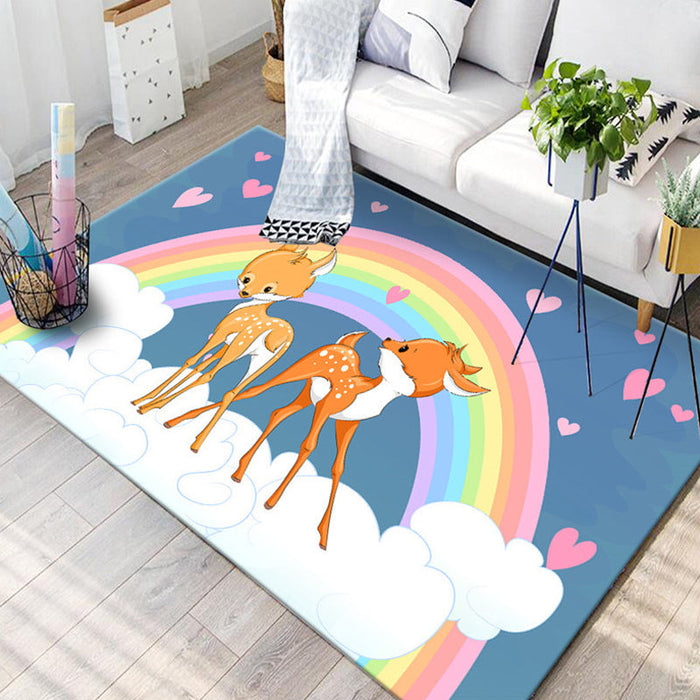 Black and Blue Nursery Rug Kids Animal Butterfly Deer Whale Pattern Area Rug Polyester Machine Washable Carpet