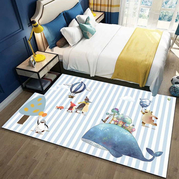 Black and Blue Nursery Rug Kids Animal Butterfly Deer Whale Pattern Area Rug Polyester Machine Washable Carpet